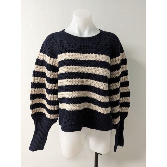 Sea Size XL Reese Popcorn Sweater Navy Cream Striped 100% Wool Knit Long Sleeves - Picture 4 of 12